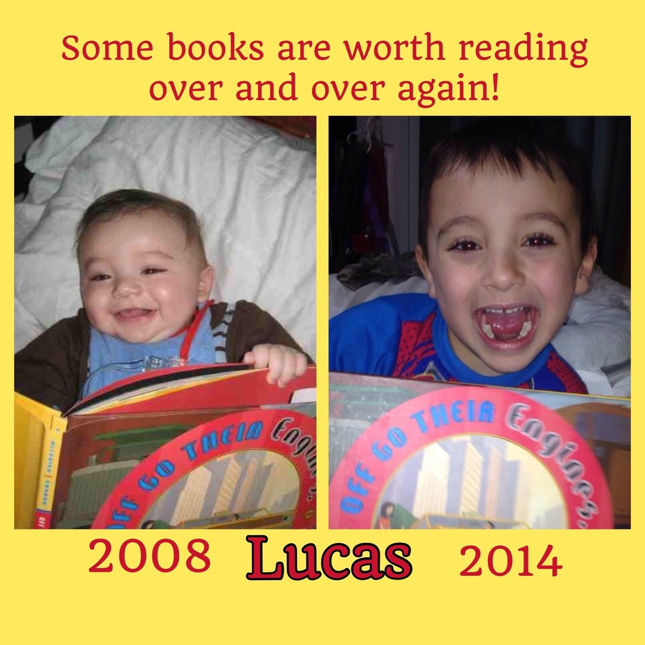 image of a baby boy and the date 2008 and the same boy at 6 and the date 2014