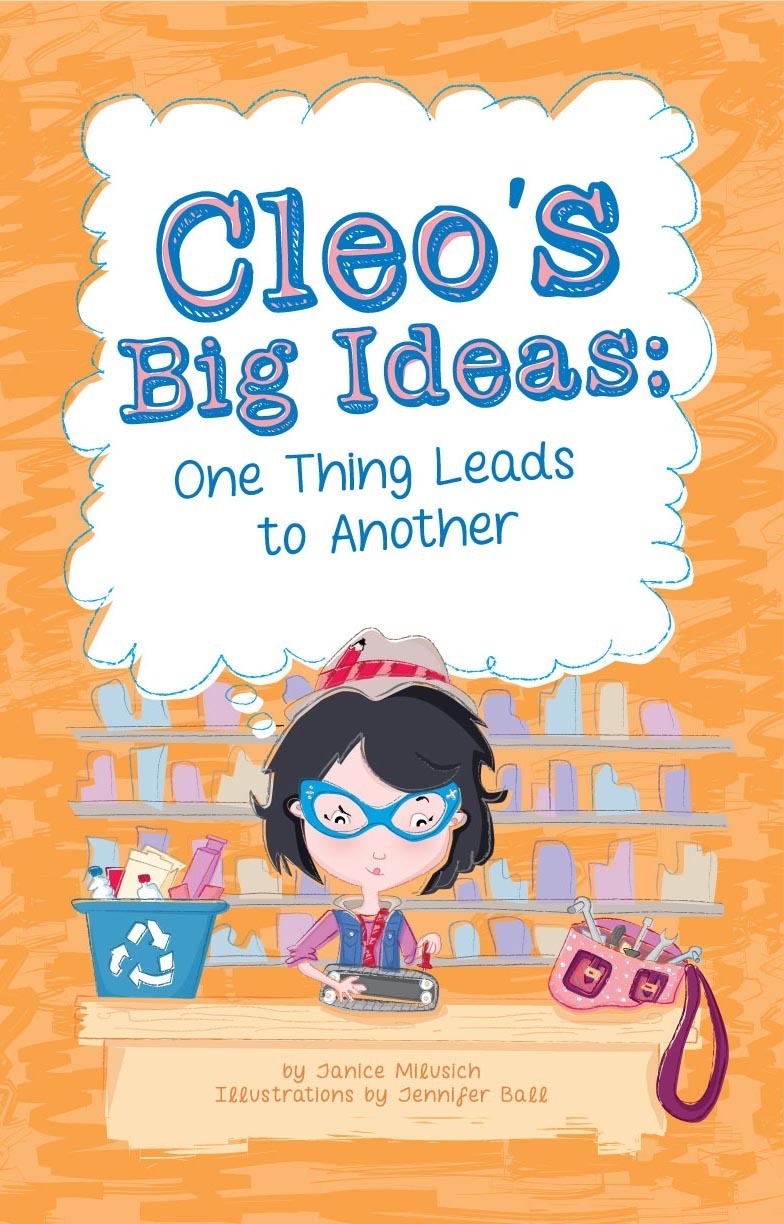 Orange background with bookshelves displayed and an image of a black haired little girl wearing a fedora and cats eyeglasses working on a haul and go invention with continuous tracks, a recycling bin is beside her as well as a red and pink messenger bag 