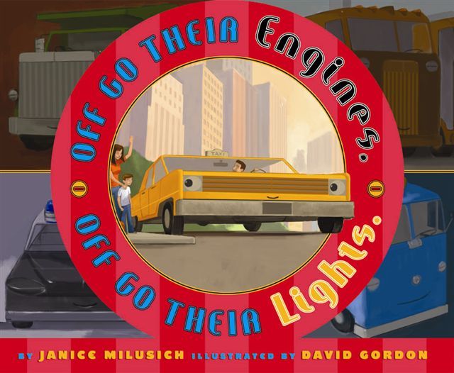 an image of a yellow taxi within a red circle with the title of the book written in the circle shadowed images of some of the trucks in the book are in the background